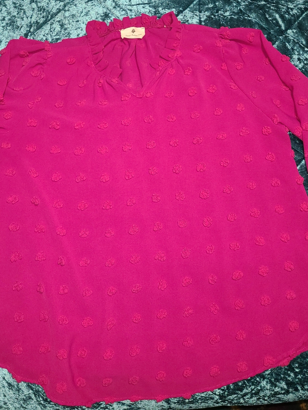 Ruffle V-Neck Dot-Texture Blouse — Fuchsia, XL, Never Worn